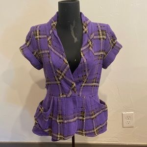 Nanette Lepore Short sleeved purple plaid jacket size 4.